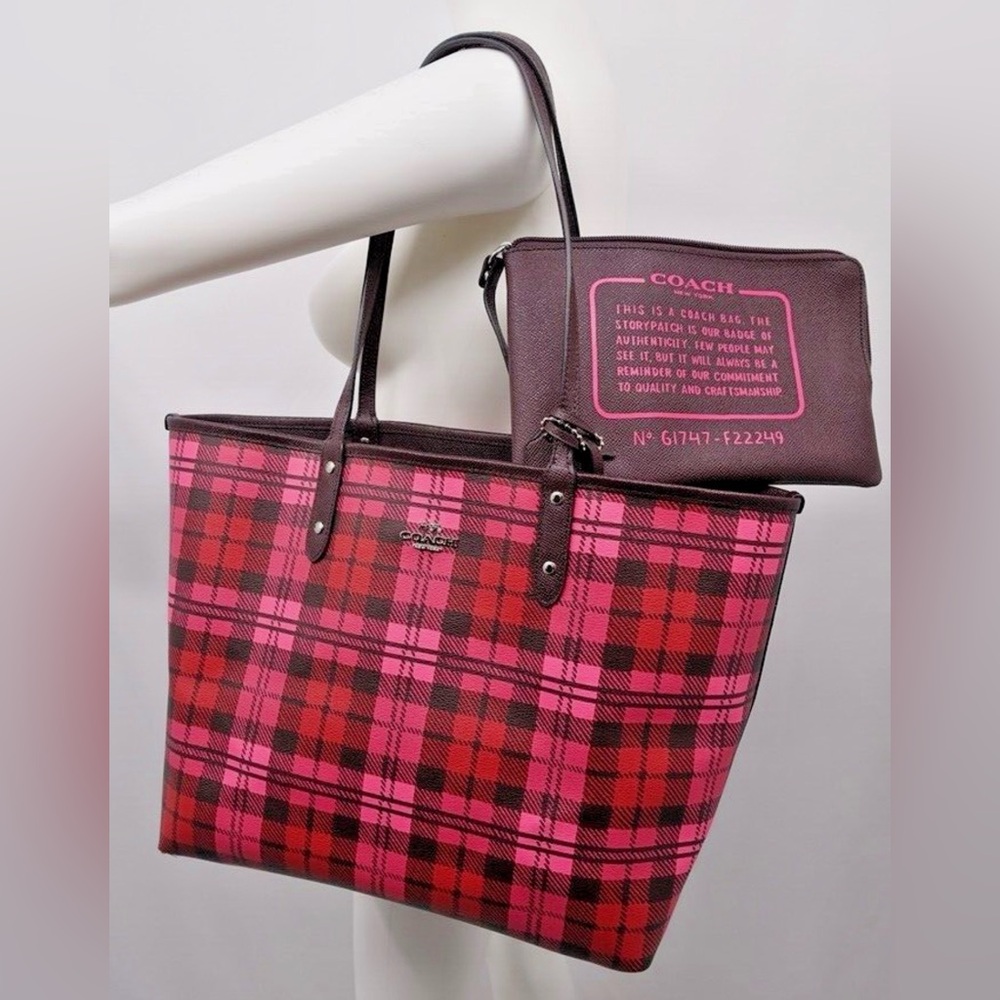 Coach Reversible City Tote in Shadow Plaid Print & Oxblood - Picture 4 of 7